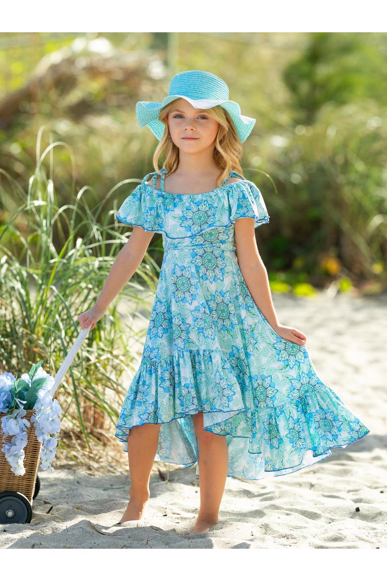 Girls Tropical Floral Bloom Ruffle Hi Lo Dress, Alternate, color, Blue