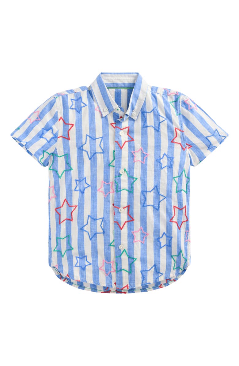 Mini Boden Kids' Embroidered Stripe Cotton Button-Up Shirt, Main, color, Star Embroidery