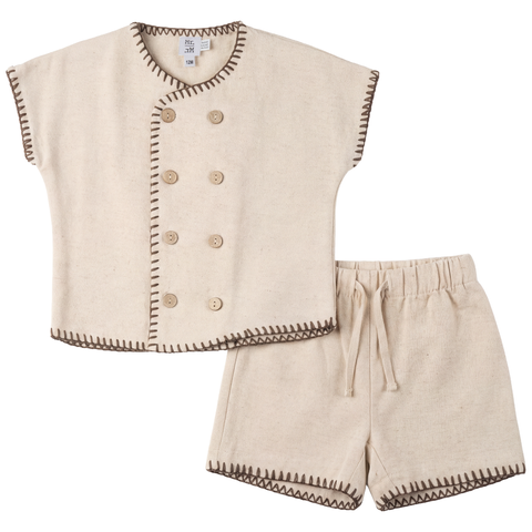 Double Breasted Cotton Linen Shirt and Shorts Set