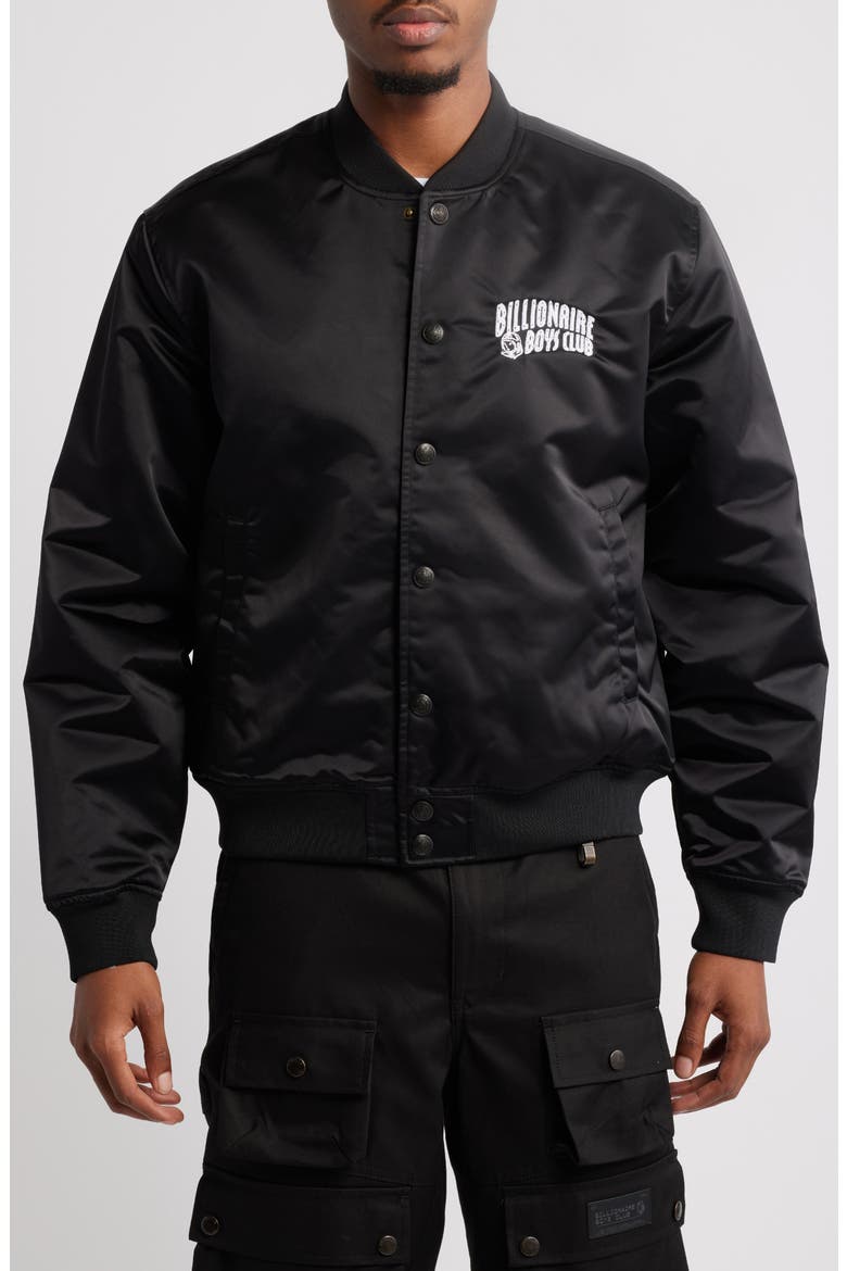 Globetrotter Nylon Satin Bomber Jacket, Alternate, color, BLACK
