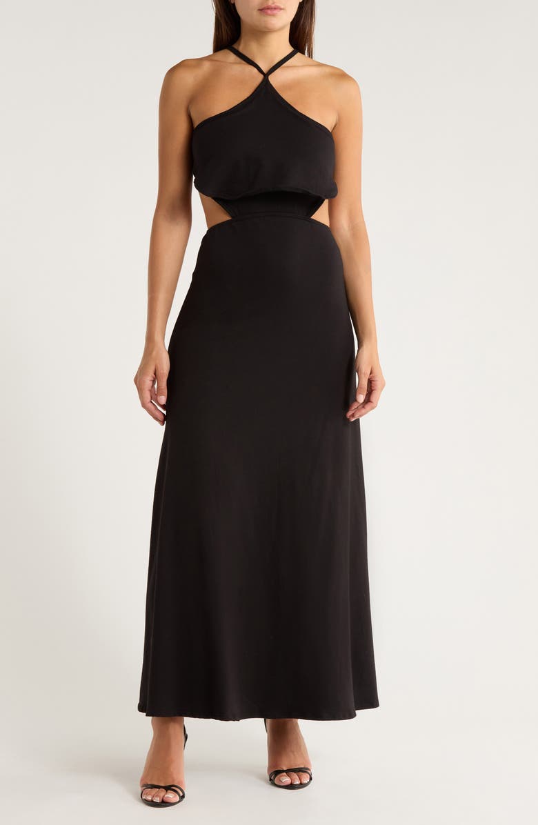 GO COUTURE Halter Side Cutout Maxi Dress, Main, color, Black