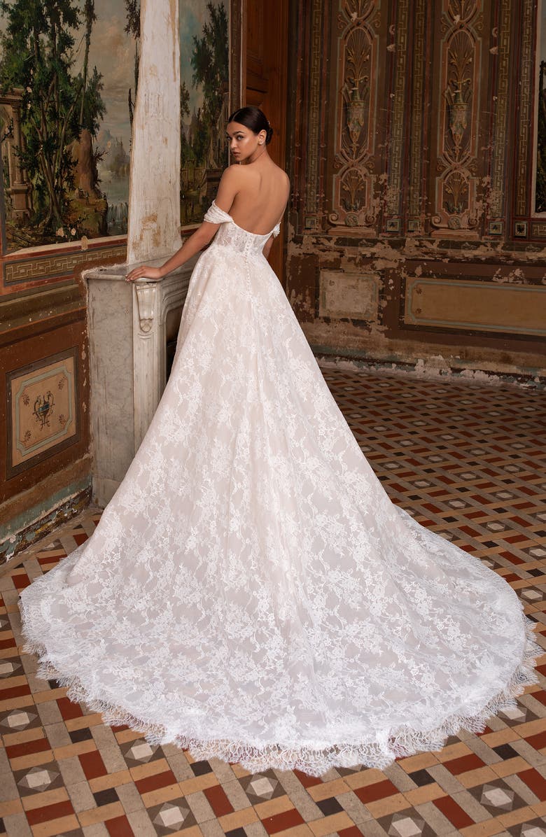 Pronovias Superba Lace Off the Shoulder Ballgown Wedding Dress, Alternate, color, 