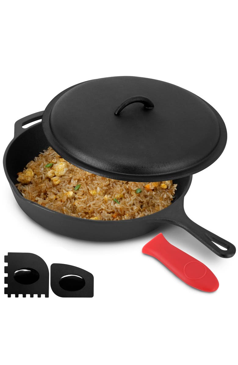 Megachef 12 Inch Pre-Seasoned Cast Iron Skillet with Cast Iron Lid, Main, color, Black