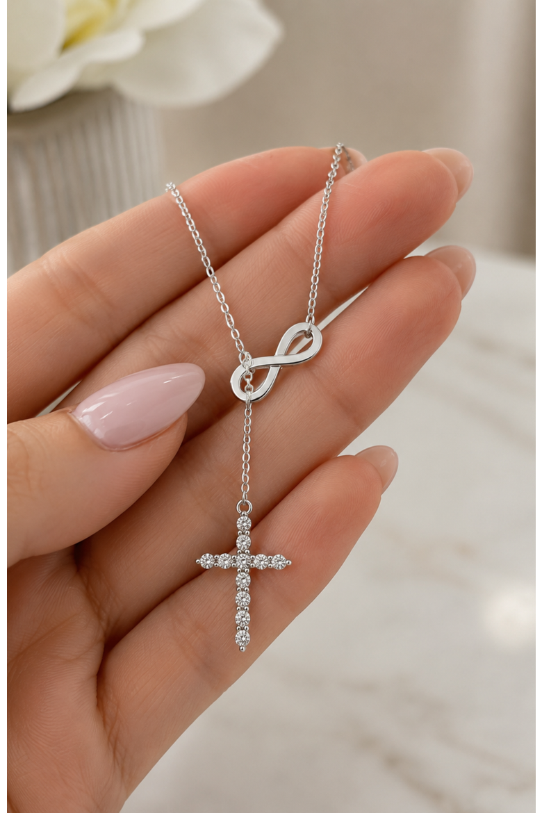 Infinite Cross Lariat Necklace, Alternate, color, Silver