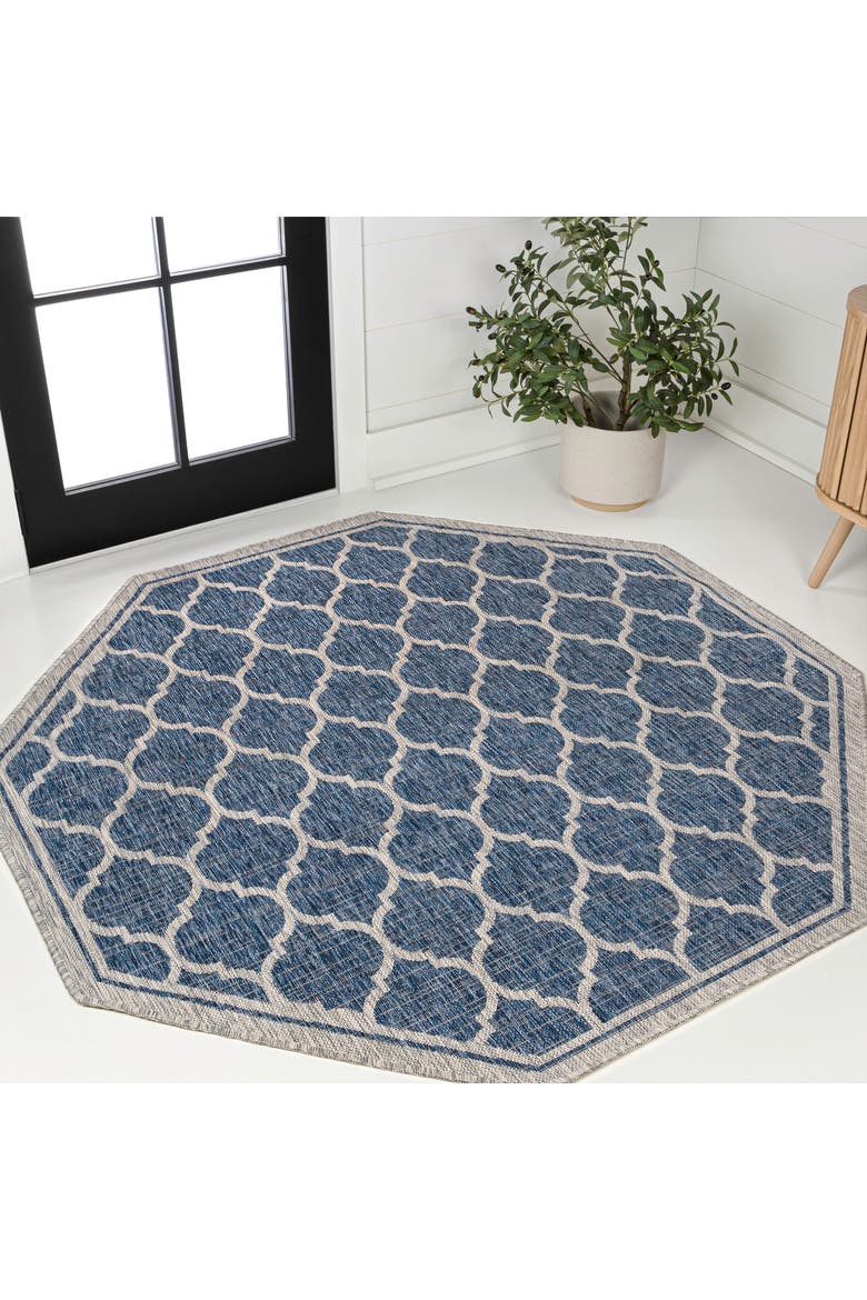 Trebol Moroccan Trellis Textured Weave Octagon Indoor/Outdoor Area Rug, Alternate, color, Navy/Gray