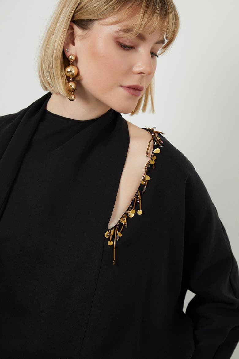 Tie-Neck Embroidered Long Sleeve Black Blouse, Alternate, color, Black