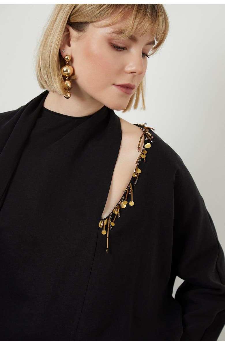 Gizia Embroidered Tie Neck Detail Unlined Long-Sleeve Black Blouse, Alternate, color, Black