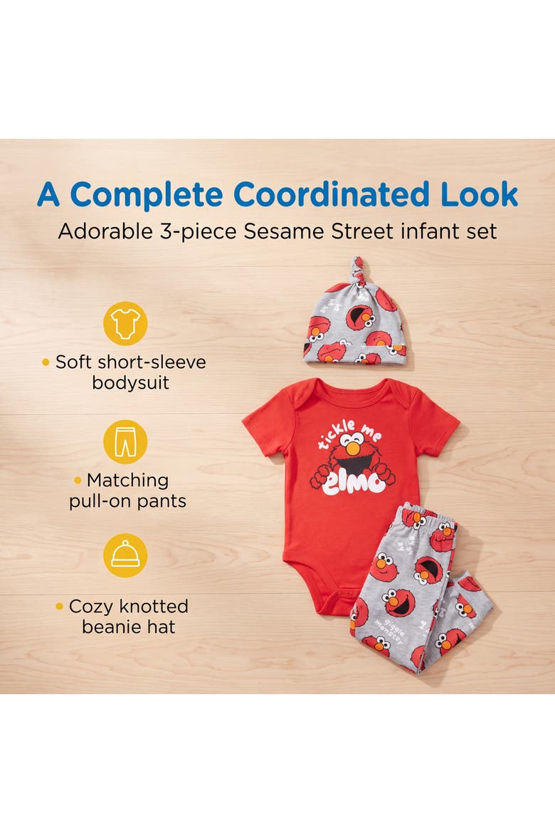 3-Piece Bodysuit Pants and Hat Set, Alternate, color, Elmo Red Grey