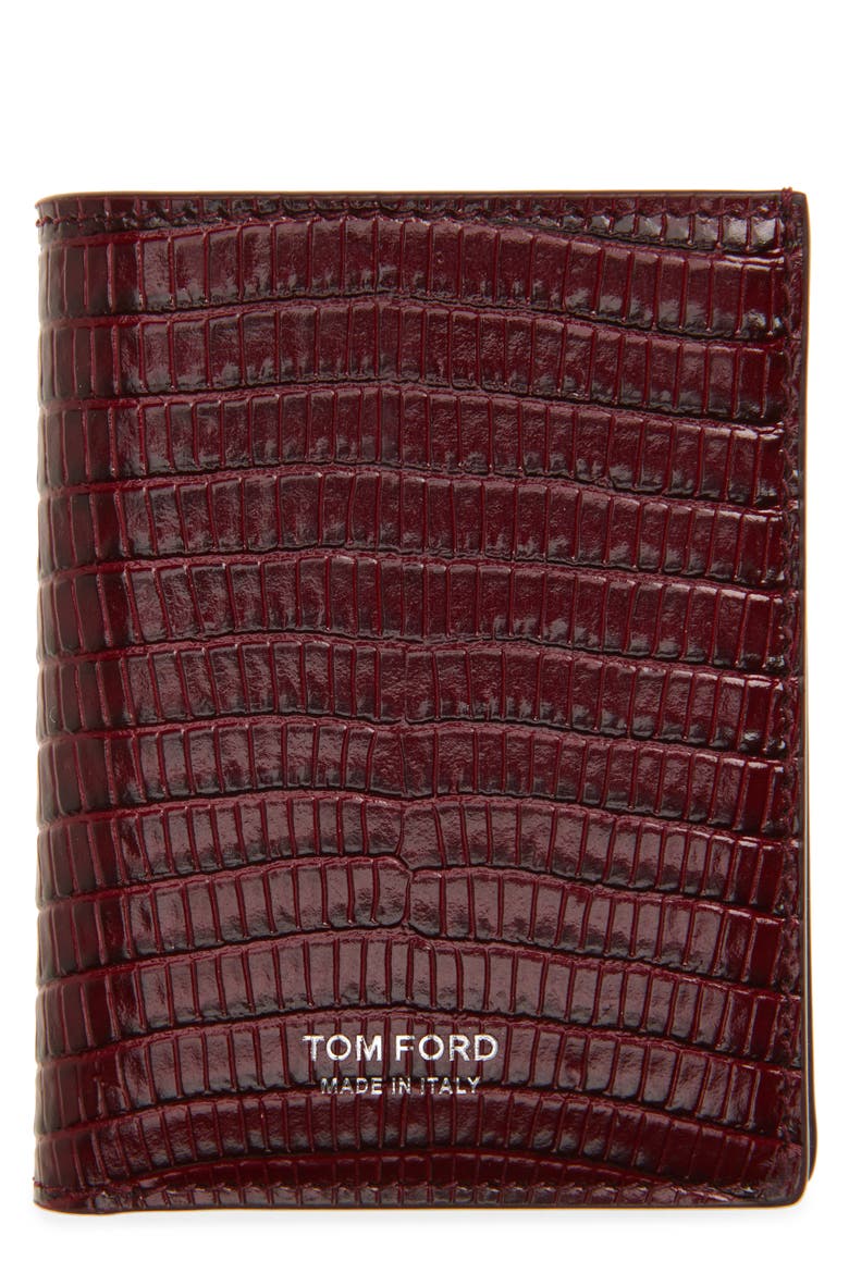 Lizard Embossed T-Line Folding Card Holder, Main, color, RAP RUBY RED