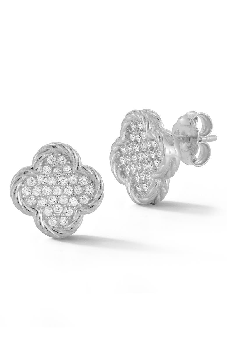 GLAZE JEWELRY Crystal Pavé Clover Stud Earrings, Main, color, Silver