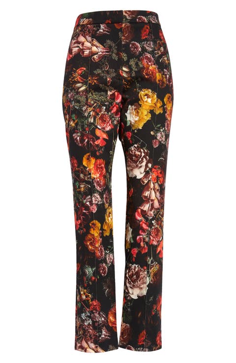Floral Print High Waist Stretch Cotton Twill Pants