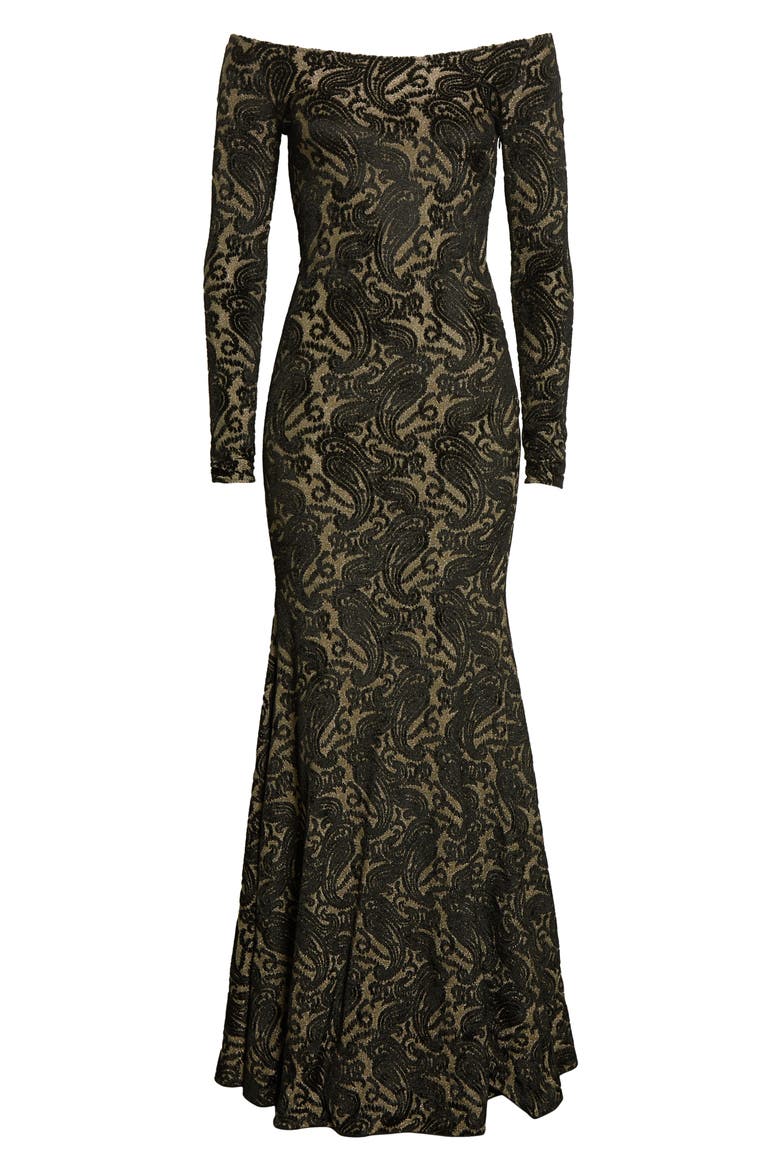 Long Sleeve Metallic Paisley Chenille Gown, Alternate, color, ORO