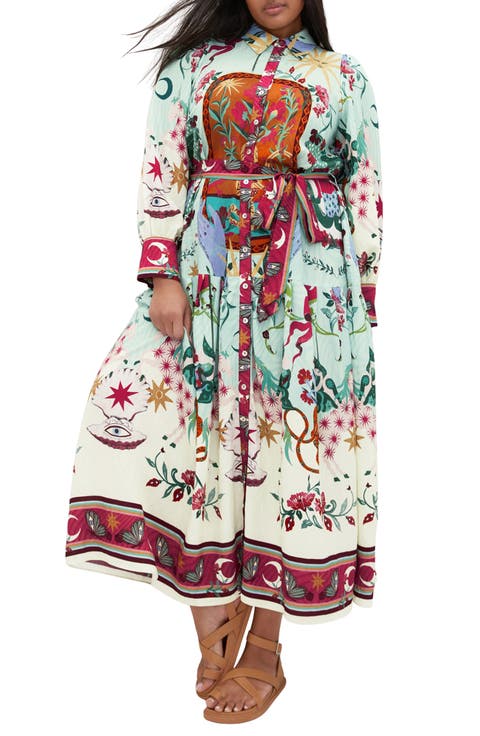 Ezra Mixed Print Long Sleeve Maxi Shirtdress (Plus)