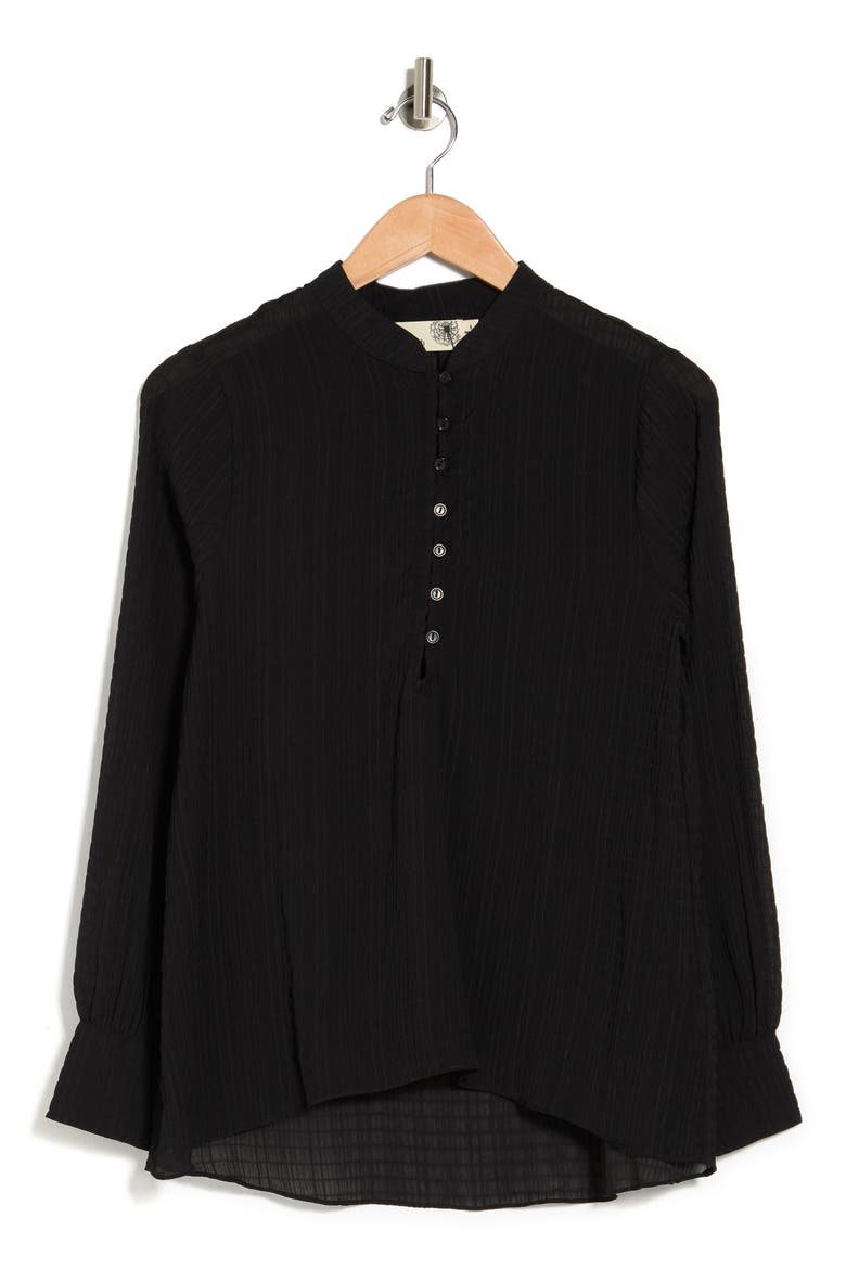 Crinkled Collarless Long Sleeve Top, Alternate, color, BLACK