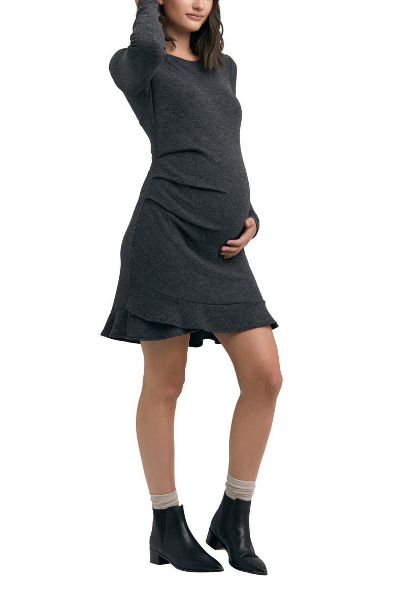 Evie Frill Hem Long Sleeve Rib Maternity Dress, Alternate, color, CHARCOAL