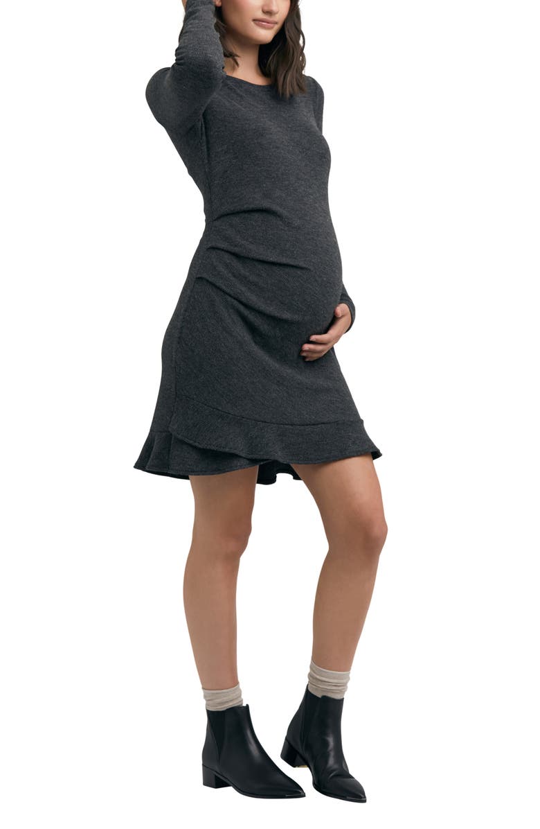 Ripe Maternity Evie Frill Hem Long Sleeve Rib Maternity Dress, Alternate, color, 