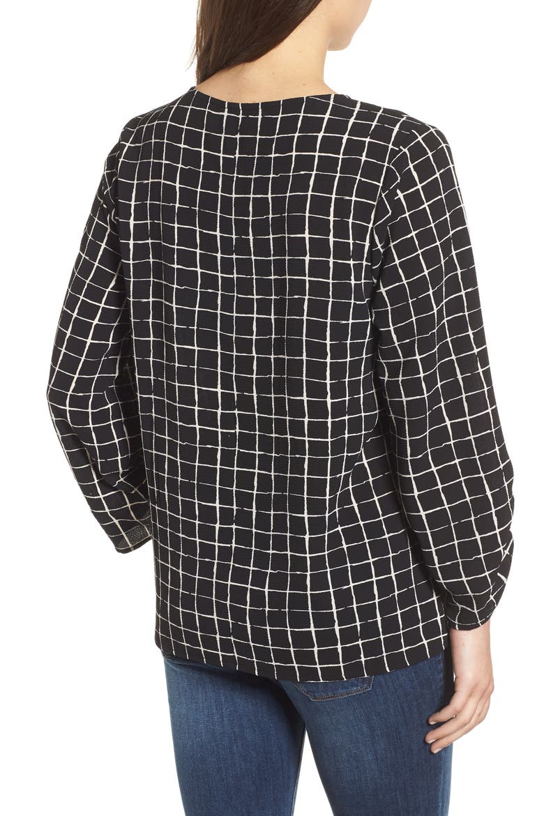 Ruched Sleeve Stretch Crepe Blouse, Alternate, color, BLACK AND WHITE