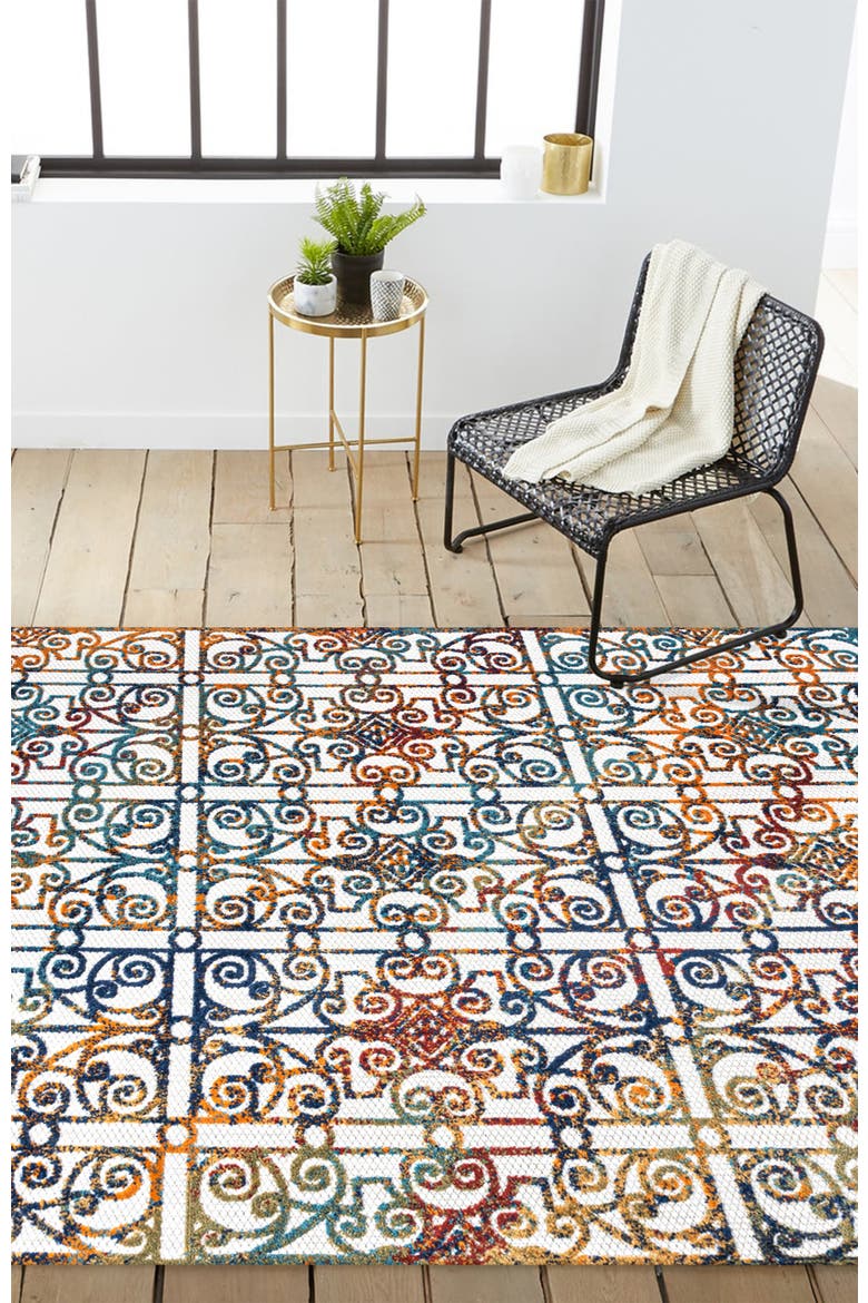 Cetara Ornate Trellis Indoor/Outdoor Area Rug, Alternate, color, Cream/Blue/Orange