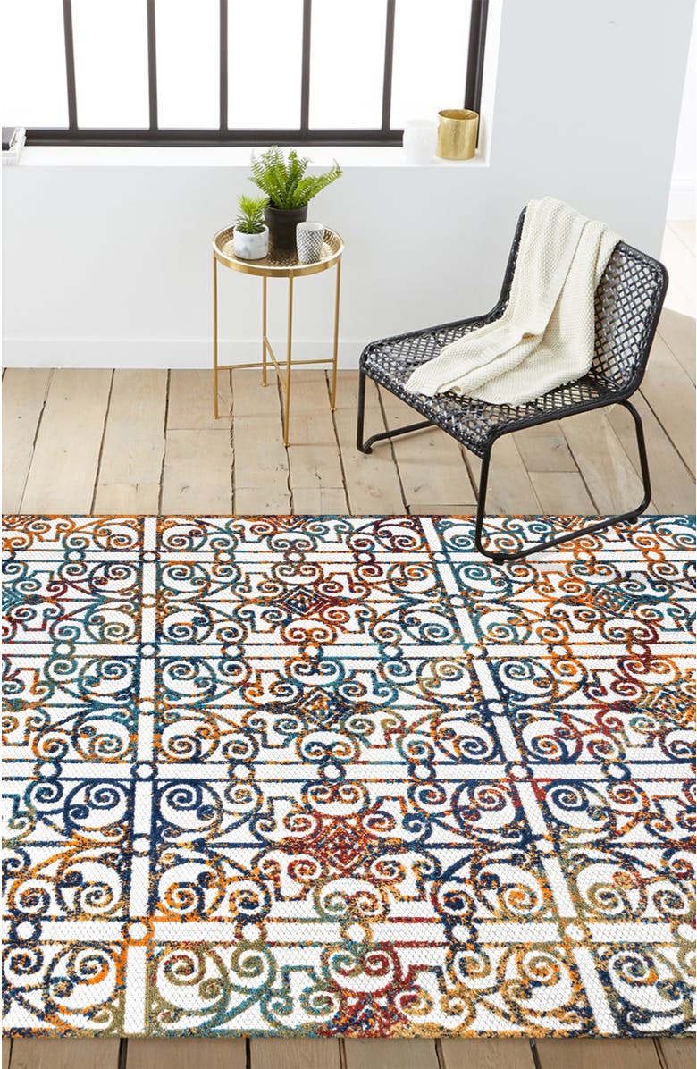 JONATHAN Y Cetara Ornate Trellis Indoor/Outdoor Area Rug, Alternate, color, Cream/Blue/Orange