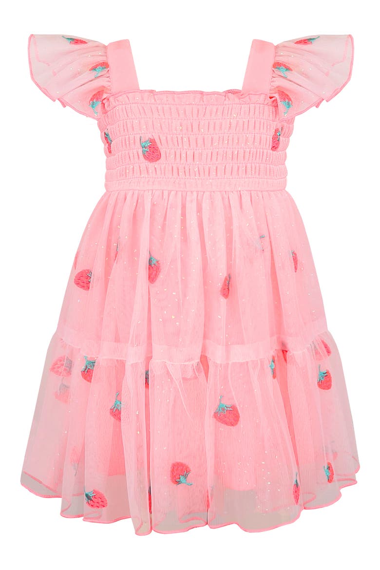 Flutter Sleeve Smocked Strawberry Embroidered Dress, Alternate, color, NEON PINK