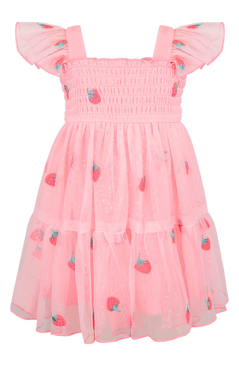 Zunie Flutter Sleeve Smocked Strawberry Embroidered Dress, Alternate, color, Neon Pink
