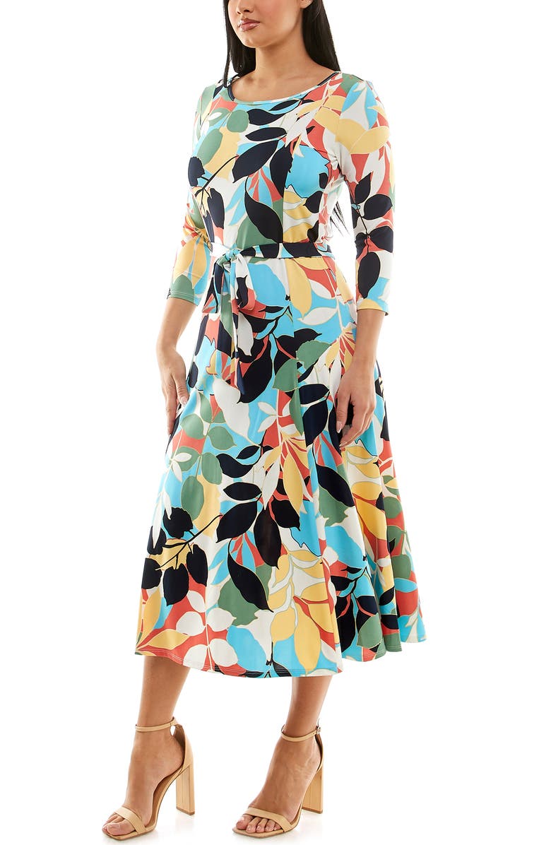 Nina Leonard Crewneck Three-Quarter Sleeve Midi Dress, Alternate, color, Navy/ Carolina Multi