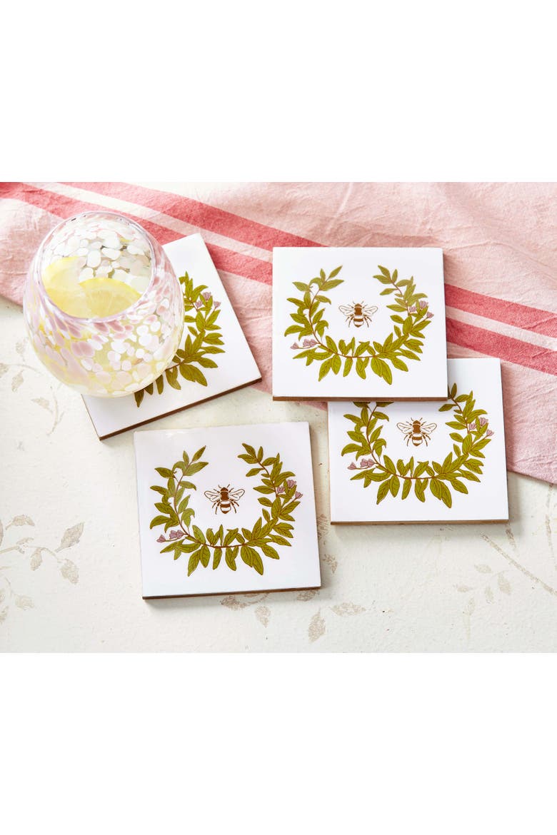 Bee Coaster Set Multicolor Wooden Coasters for Spring Summer, Alternate, color, White