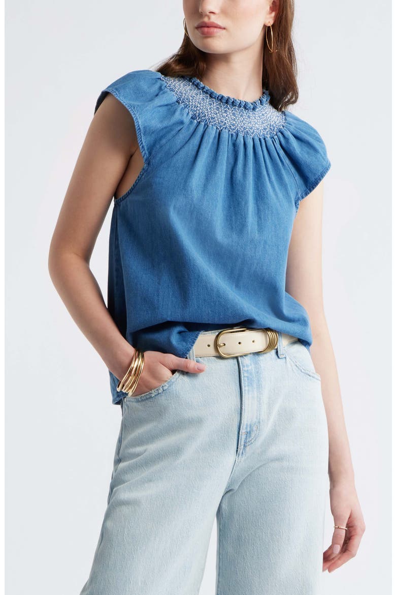 Smocked Neck Chambray Top, Main, color, LIGHT BLUE WASH