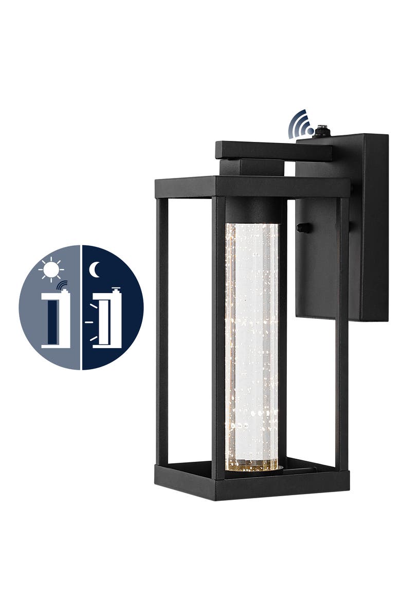JONATHAN Y Juno 1-Light Industrial Vintage Iron/Seeded Glass with Dusk-to-Dawn Sensor Integrated LED Outdoor Sconce, Main, color, Black
