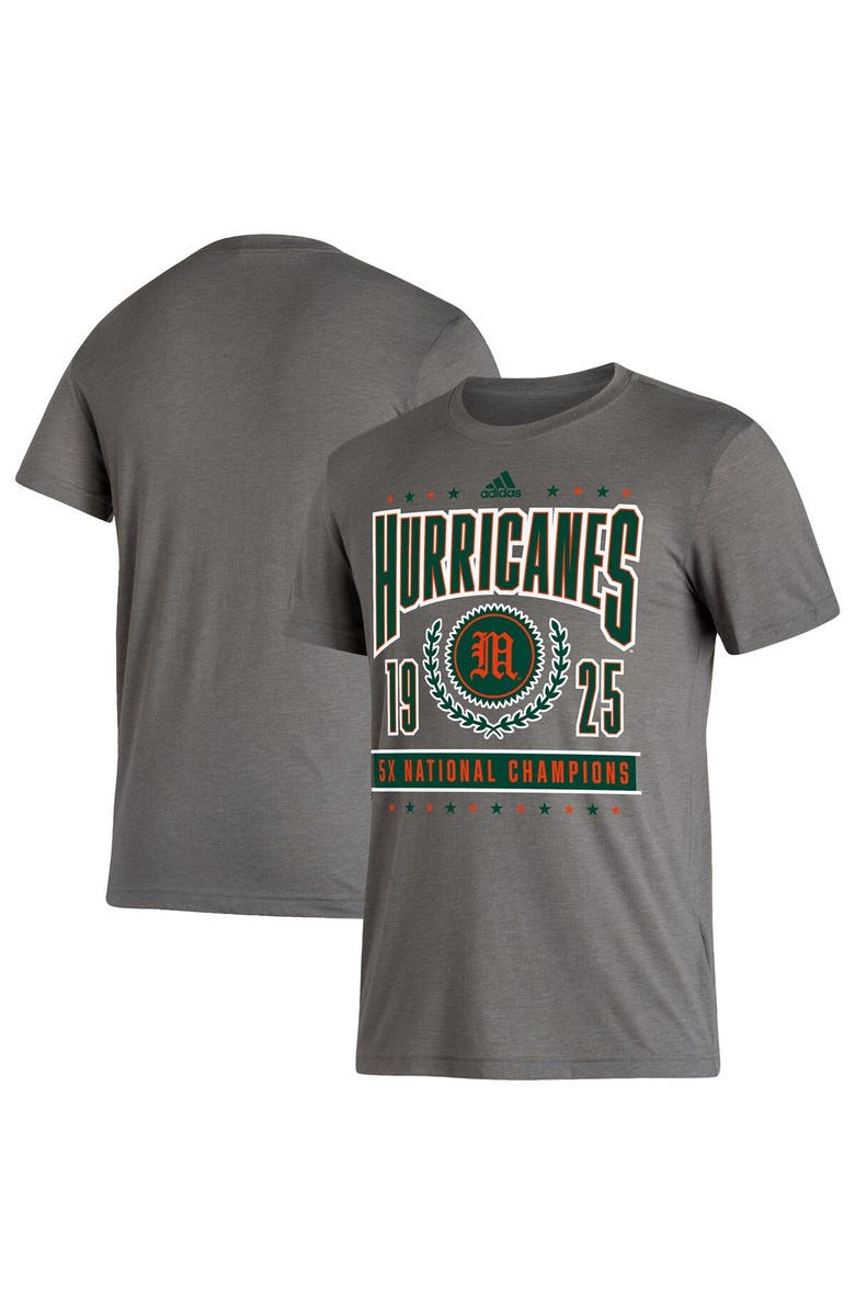 adidas Men's adidas Heathered Charcoal Miami Hurricanes 5X National Champions Reminisce Tri-Blend T-Shirt, Main, color, Heather Charcoal