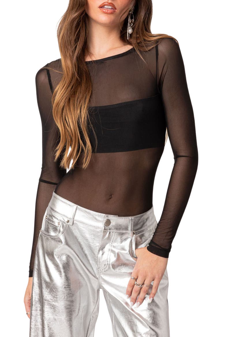 Sheer Bandeau Mesh Bodysuit, Main, color, BLACK