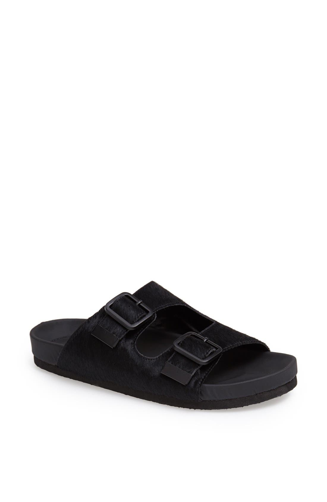 'Boundree' Calf Hair Sandal, Main, color, BLACK PONY