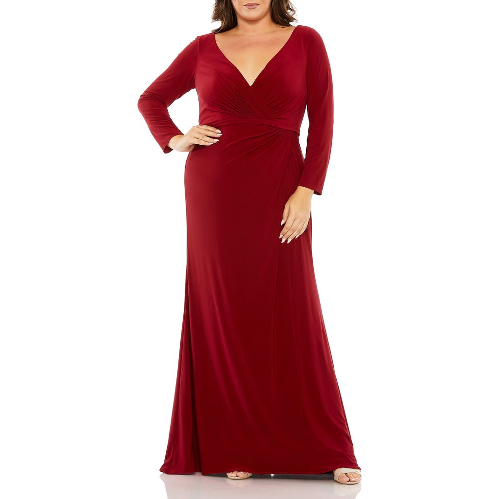 Mac Duggal Long Sleeve V-neck Faux Wrap Gown In Multi