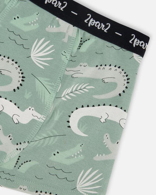 Deux Par Deux Boy's Printed Organic Cotton Boxer Shorts Light Sage And Gray Crocodile In Light Sage And Gray Crocodile