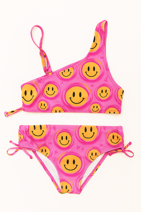 Smiley Face Printed One Shoulder Bikini Swimsuit