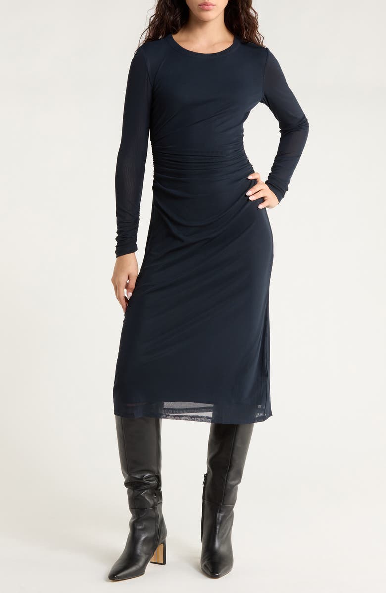 Madewell Long Sleeve Ruched Mesh Midi Dress, Alternate, color, Classic Navy