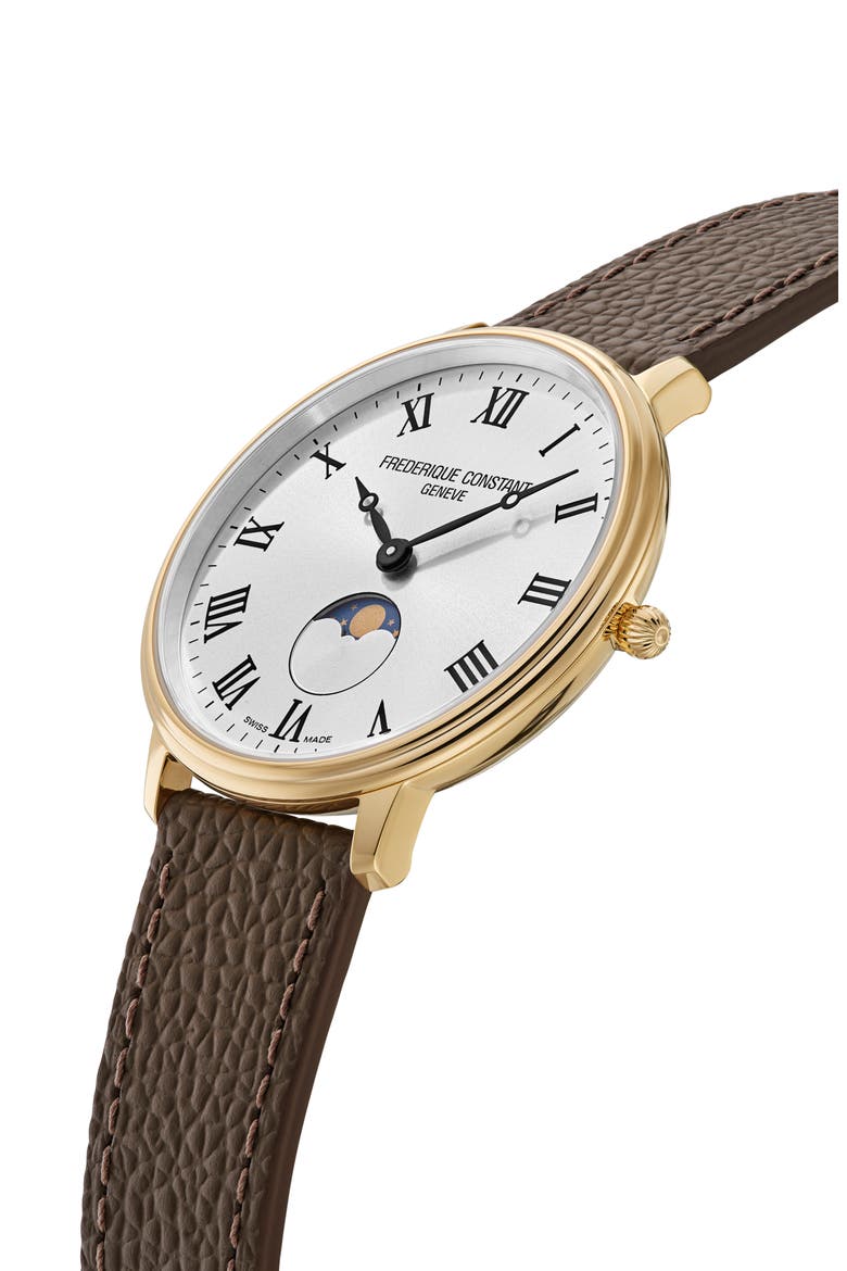 Classic Slimline Moonphase Leather Strap Watch, 39mm, Alternate, color, BROWN/WHITE