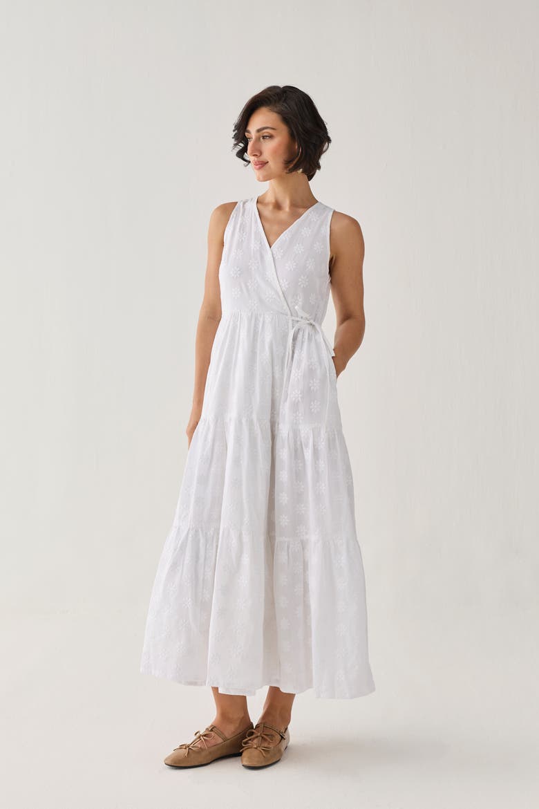 Embroidered Tiered Wrap Maxi Dress, Alternate, color, Embroidered Cotton White