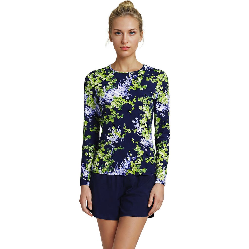 Lands' End SunShade UPF 50 Long Sleeve Rash Guard Swim Tee in Navy/white Blooms at Nordstrom, Size Small