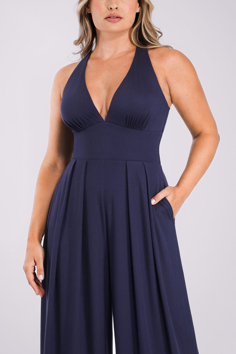 Plunge Shaping Wide Leg Jumpsuit, Alternate, color, Navy Blue