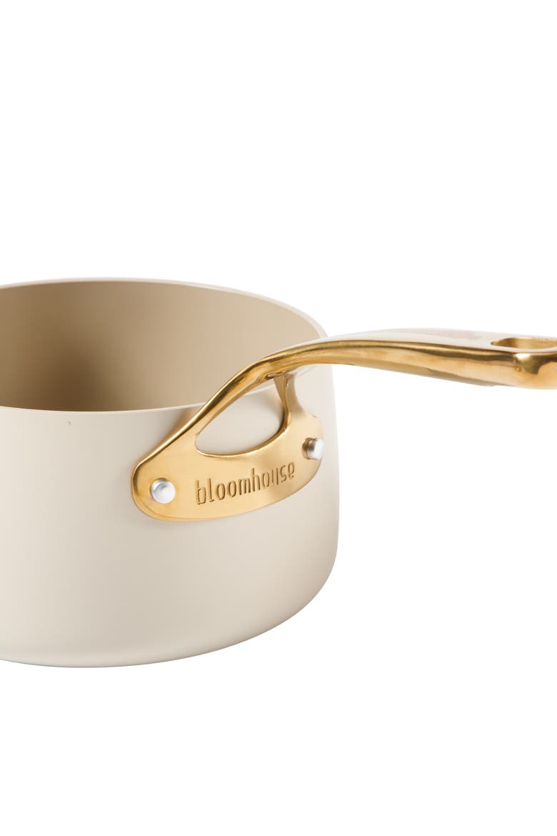 3 Quart Heavy Duty Aluminum Premium PFA Free Ceramic Nonstick Saucepan with Lid, Alternate, color, Linen White with Gold Handle