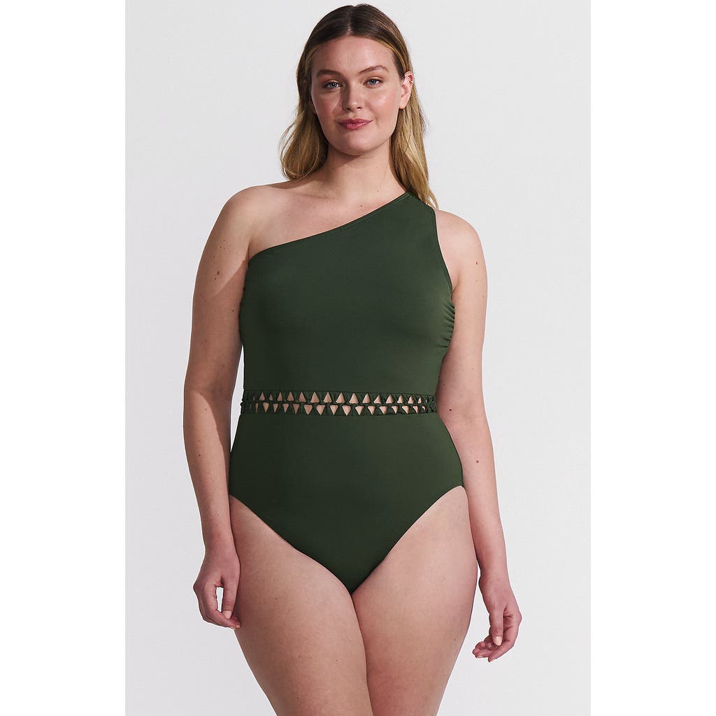 Lands' End Macrame One Shoulder High Leg One Piece Swimsuit In Green