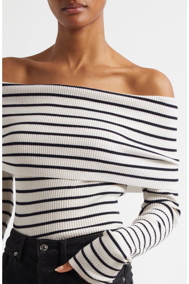 Evelyn Off the Shoulder Merino Wool Blend Sweater, Alternate, color, WHITE/ MIDNIGHT