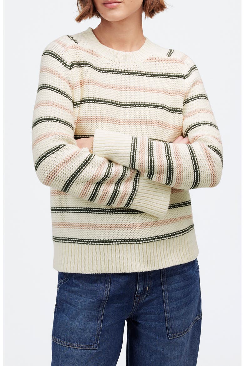 Stripe Crewneck Cotton Sweater, Main, color, DARK LODEN STRIPE