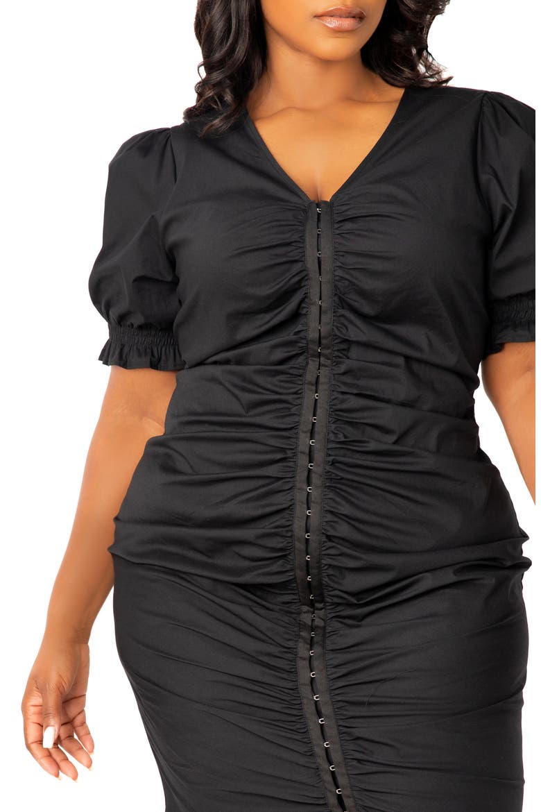 Ruched Fishtail Midi Dress, Alternate, color, BLACK