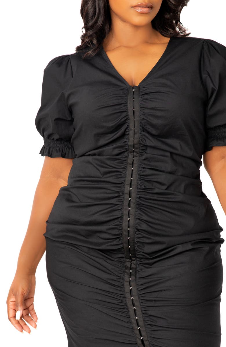 BUXOM COUTURE Ruched Fishtail Midi Dress, Alternate, color, Black