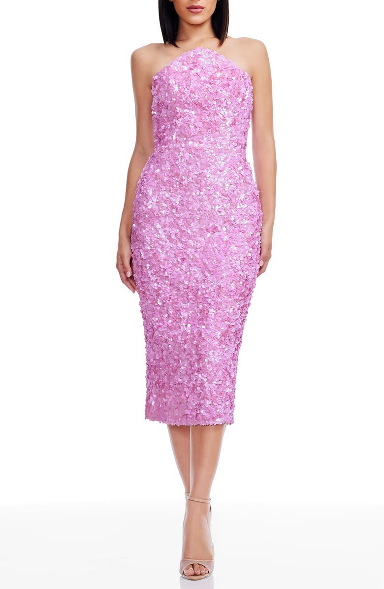 Dress the Population Etta Sequin Strapless Cocktail Sheath Dress, Main, color, Lilac