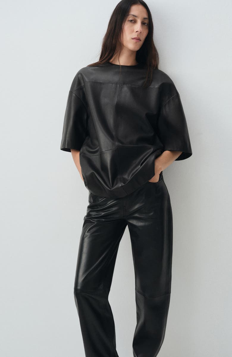 MANGO Selection Leather Straight Leg Pants, Alternate, color, Black