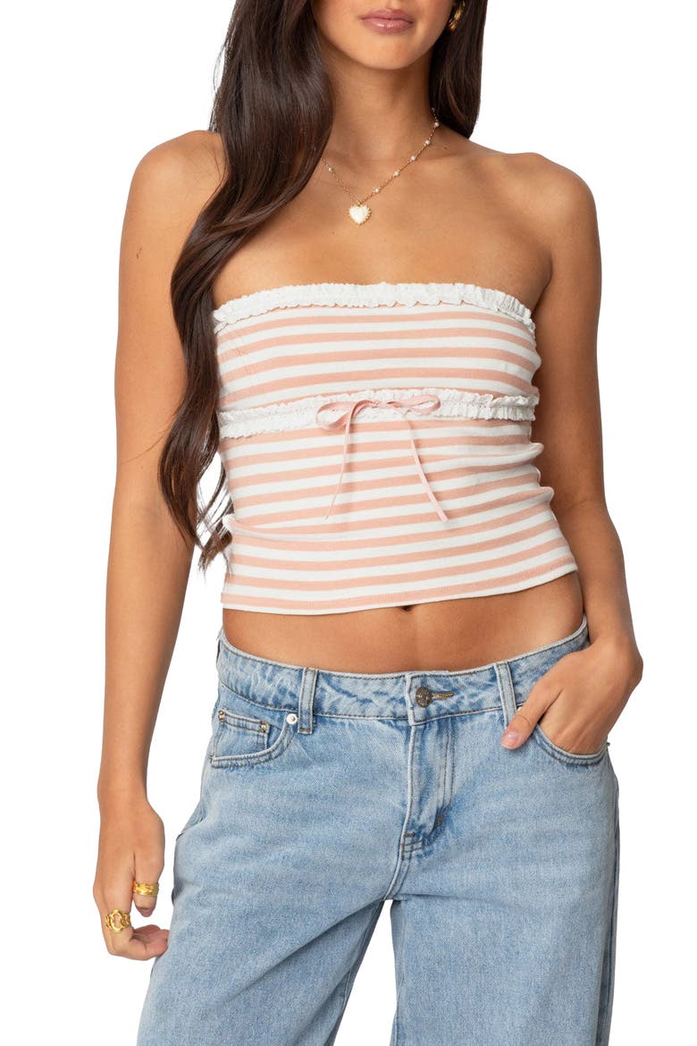 Stripe Ruffle Trim Tube Top, Main, color, PINK