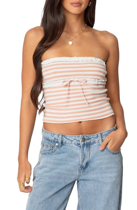 Stripe Ruffle Trim Tube Top